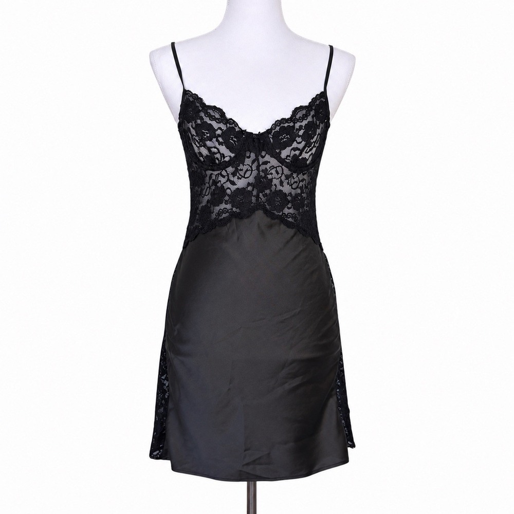 Fredericks of Hollywood Babydoll Lingerie Sheer Lace Goth Slip Dress Black L New